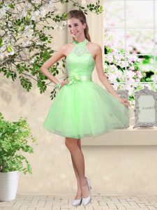 Fashionable Lace Up Halter Top Lace and Belt Dama Dress Tulle Sleeveless