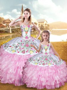Sleeveless Floor Length Embroidery and Ruffled Layers Lace Up Quinceanera Gown with Rose Pink
