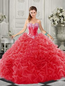 Clearance Lace Up Ball Gown Prom Dress Red for Military Ball and Sweet 16 and Quinceanera with Beading and Ruffles Court Train