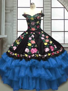 Blue And Black Organza and Taffeta Lace Up Sweetheart Sleeveless Floor Length 15th Birthday Dress Embroidery and Ruffled Layers
