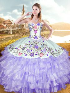 Stunning Lavender Ball Gowns Organza and Taffeta Sweetheart Sleeveless Embroidery and Ruffled Layers Floor Length Lace Up Sweet 16 Dress