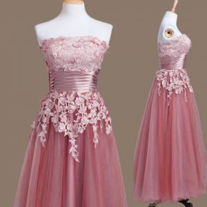 Suitable Pink Empire Tulle Strapless Sleeveless Appliques Tea Length Lace Up Dama Dress