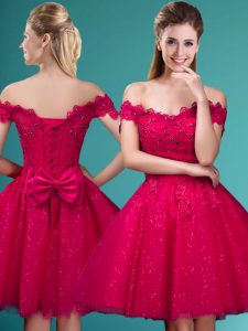Cap Sleeves Lace Up Knee Length Lace and Belt Quinceanera Court Dresses