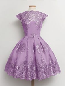 Knee Length Lavender Court Dresses for Sweet 16 Tulle Cap Sleeves Lace