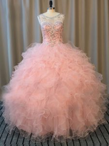 Clearance Pink Lace Up Vestidos de Quinceanera Beading and Ruffles Sleeveless Floor Length