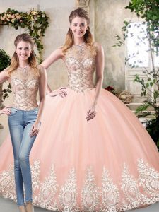 Pretty Peach Sleeveless Beading and Lace and Appliques Floor Length Ball Gown Prom Dress