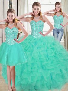 Modern Turquoise Lace Up Quinceanera Gown Beading and Ruffled Layers Sleeveless Brush Train