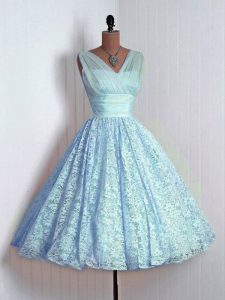 Gorgeous Baby Blue Lace Up V-neck Lace Court Dresses for Sweet 16 Lace Sleeveless