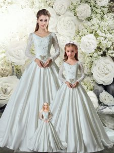Classical Long Sleeves Chapel Train Lace Up Lace and Belt Quinceanera Dresses