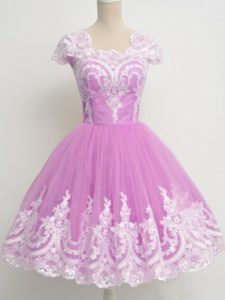 Edgy Lilac A-line Tulle Square Cap Sleeves Lace Knee Length Zipper Quinceanera Court Dresses