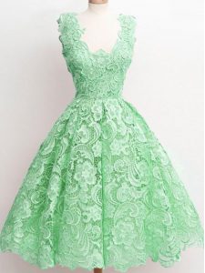Exquisite A-line Quinceanera Court of Honor Dress Green Straps Lace Sleeveless Knee Length Zipper