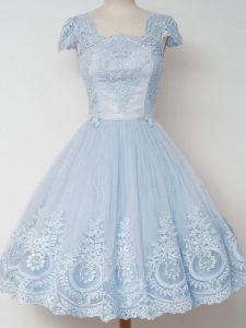 Low Price Light Blue A-line Lace Dama Dress for Quinceanera Zipper Tulle Cap Sleeves Knee Length
