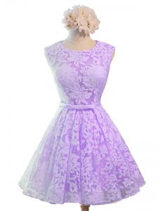 Knee Length Lavender Quinceanera Court Dresses Scoop Sleeveless Lace Up