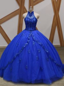 Unique Royal Blue Ball Gowns Tulle Halter Top Sleeveless Appliques Lace Up Sweet 16 Dress Brush Train