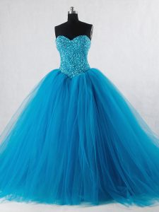 Edgy Baby Blue Tulle Lace Up 15th Birthday Dress Sleeveless Floor Length Beading