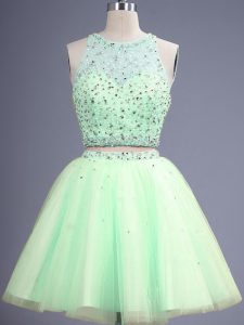 Exceptional Yellow Green Two Pieces Scoop Sleeveless Tulle Knee Length Lace Up Beading Dama Dress for Quinceanera