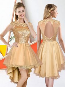 Edgy Champagne Sleeveless Organza Backless Dama Dress for Prom and Party