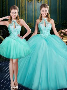 Captivating Aqua Blue Halter Top Neckline Beading and Pick Ups 15th Birthday Dress Sleeveless Lace Up