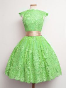 Spectacular Green Lace Lace Up High-neck Cap Sleeves Knee Length Quinceanera Dama Dress Belt
