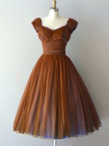 Classical Chiffon V-neck Cap Sleeves Zipper Ruching Dama Dress for Quinceanera in Brown