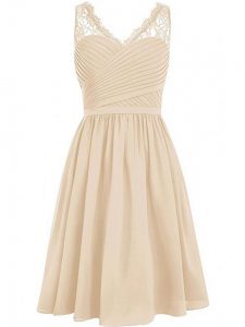 Sophisticated Champagne V-neck Side Zipper Lace and Ruching Court Dresses for Sweet 16 Sleeveless