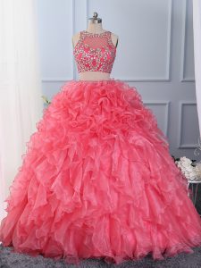 Trendy Hot Pink Lace Up Scoop Beading and Ruffles Quince Ball Gowns Organza Sleeveless