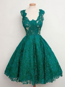 Modern Dark Green A-line Lace Quinceanera Dama Dress Lace Up Lace Sleeveless Knee Length