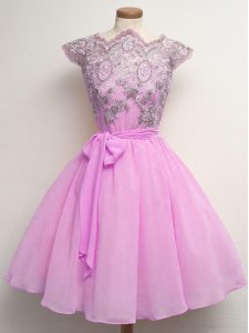 Latest Lilac Lace Up Dama Dress for Quinceanera Lace and Belt Cap Sleeves Knee Length