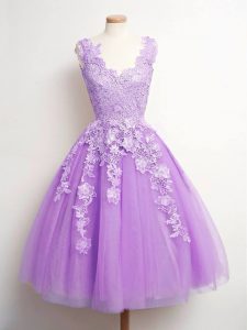 Modern Sleeveless Tulle Knee Length Lace Up Vestidos de Damas in Lavender with Lace