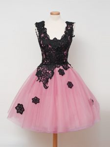 Sleeveless Knee Length Lace Zipper Quinceanera Court Dresses with Pink