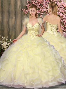 Great Sleeveless Floor Length Beading and Ruffles Lace Up 15th Birthday Dress with Light Yellow