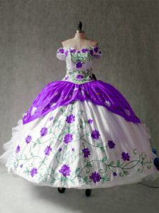 Fine White And Purple Lace Up Quinceanera Dresses Embroidery and Ruffles Cap Sleeves Floor Length