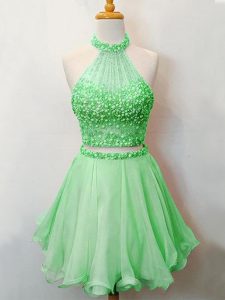 Flare Green Two Pieces Organza Halter Top Sleeveless Beading Knee Length Lace Up Quinceanera Court of Honor Dress