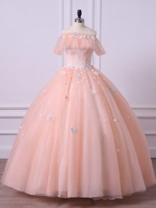Cute Peach Tulle Lace Up Quince Ball Gowns Short Sleeves Floor Length Lace and Appliques