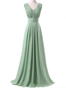 Apple Green Empire V-neck Sleeveless Chiffon Floor Length Lace Up Ruching Dama Dress