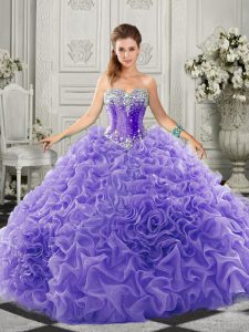 Lavender Organza Lace Up 15 Quinceanera Dress Sleeveless Court Train Beading and Ruffles
