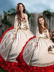 Sweetheart Long Sleeves Quinceanera Gowns Brush Train Embroidery and Ruffles White And Red Organza and Taffeta