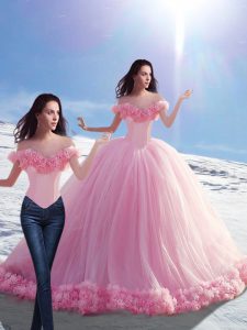 Sleeveless Hand Made Flower Lace Up Quinceanera Dress with Baby Pink Brush Train