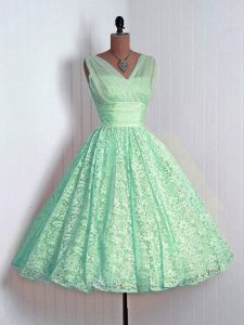 Apple Green A-line V-neck Sleeveless Lace Mini Length Lace Up Lace Dama Dress for Quinceanera