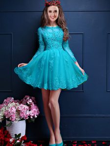 High End A-line Quinceanera Dama Dress Aqua Blue Scalloped Chiffon 3 4 Length Sleeve Mini Length Lace Up