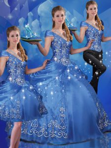 Trendy Floor Length Lace Up Ball Gown Prom Dress Blue for Military Ball and Sweet 16 and Quinceanera with Beading and Embroidery