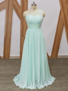 Clearance Apple Green Court Dresses for Sweet 16 Prom and Party and Wedding Party with Ruching One Shoulder Sleeveless Sweep Train Side Zipper