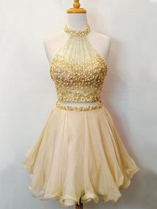 Popular Champagne Halter Top Neckline Beading Quinceanera Court Dresses Sleeveless Lace Up
