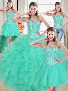Deluxe Turquoise Organza Lace Up Sweetheart Sleeveless Quince Ball Gowns Brush Train Beading and Ruffled Layers
