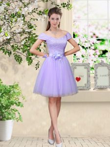 Cap Sleeves Lace Up Knee Length Lace and Belt Dama Dress