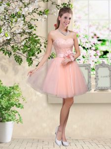 Custom Fit Peach Lace Up Quinceanera Court Dresses Lace and Belt Sleeveless Knee Length