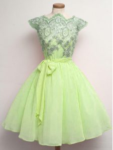 Decent Yellow Green Lace Up Scalloped Lace and Belt Quinceanera Court Dresses Chiffon Cap Sleeves