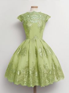 Best Selling Lace Quinceanera Court of Honor Dress Yellow Green Lace Up Cap Sleeves Knee Length
