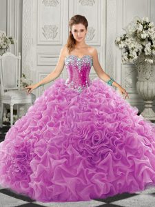 Top Selling Organza Sweetheart Sleeveless Court Train Lace Up Beading and Ruffles Quinceanera Dresses in Lilac