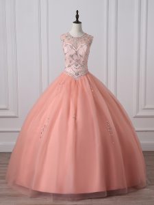 Designer Peach Sleeveless Tulle Zipper Sweet 16 Dresses for Military Ball and Sweet 16 and Quinceanera